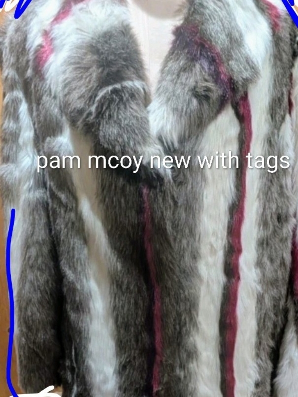 Faux Fur Coat in Gray, White & Pink Accent Pat Mc Coy